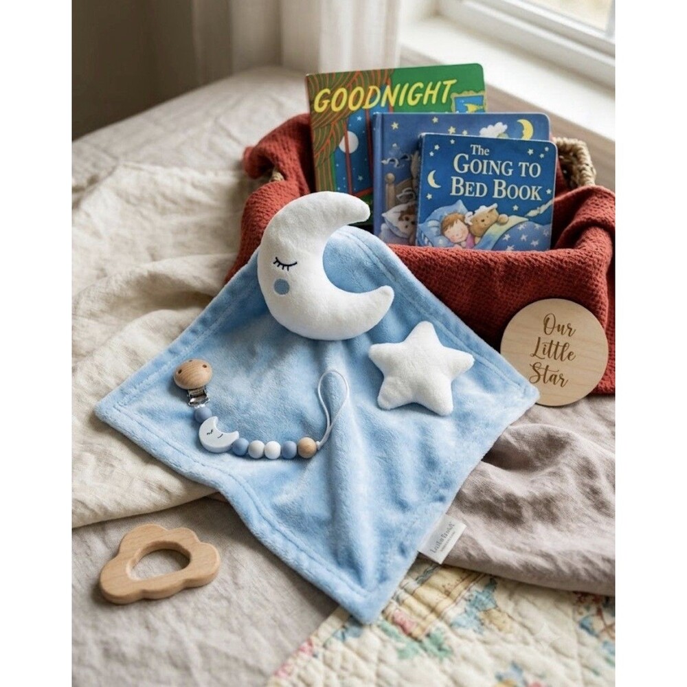 Le Bebe Favorite Baby Lovey Blue Moon security blanket 12”  plush Animal Blue